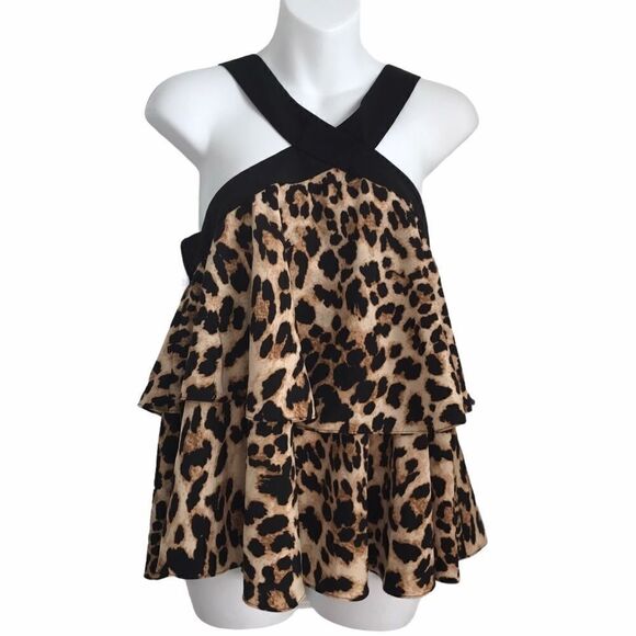 Bloomingdale’s Leopard Print Criss Cross Ruffle Tired Flowy Halter Top M NWT - Picture 1 of 13